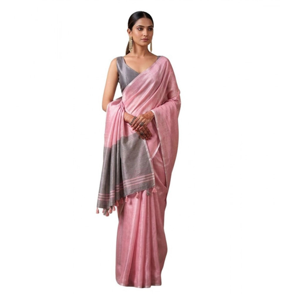Women's Baby Pink Tissue Silk Solid Saree with Unstitched Blouse – 5.5 Mtr