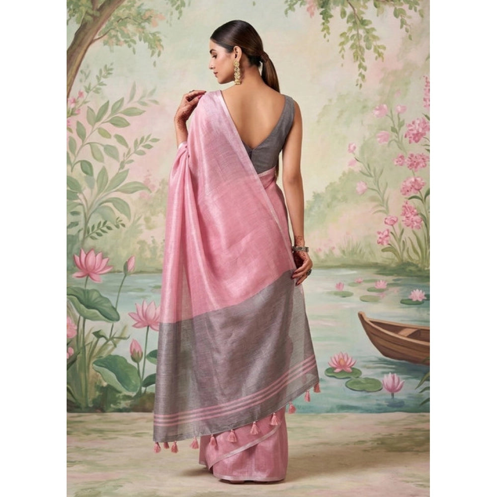 Women's Baby Pink Tissue Silk Solid Saree with Unstitched Blouse – 5.5 Mtr