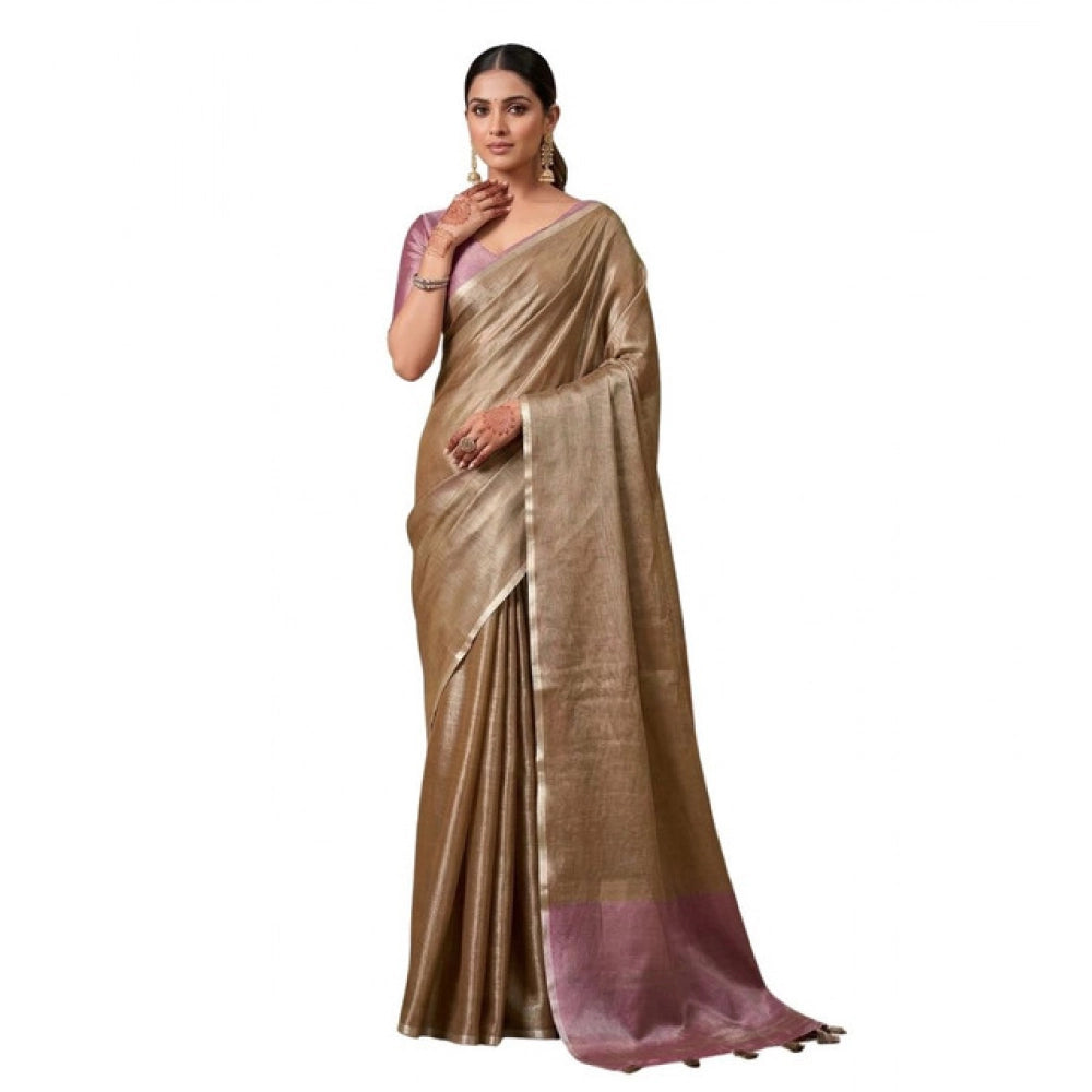 Women's Brown Tissue Silk Solid Saree with Unstitched Blouse – 5.5 Mtr