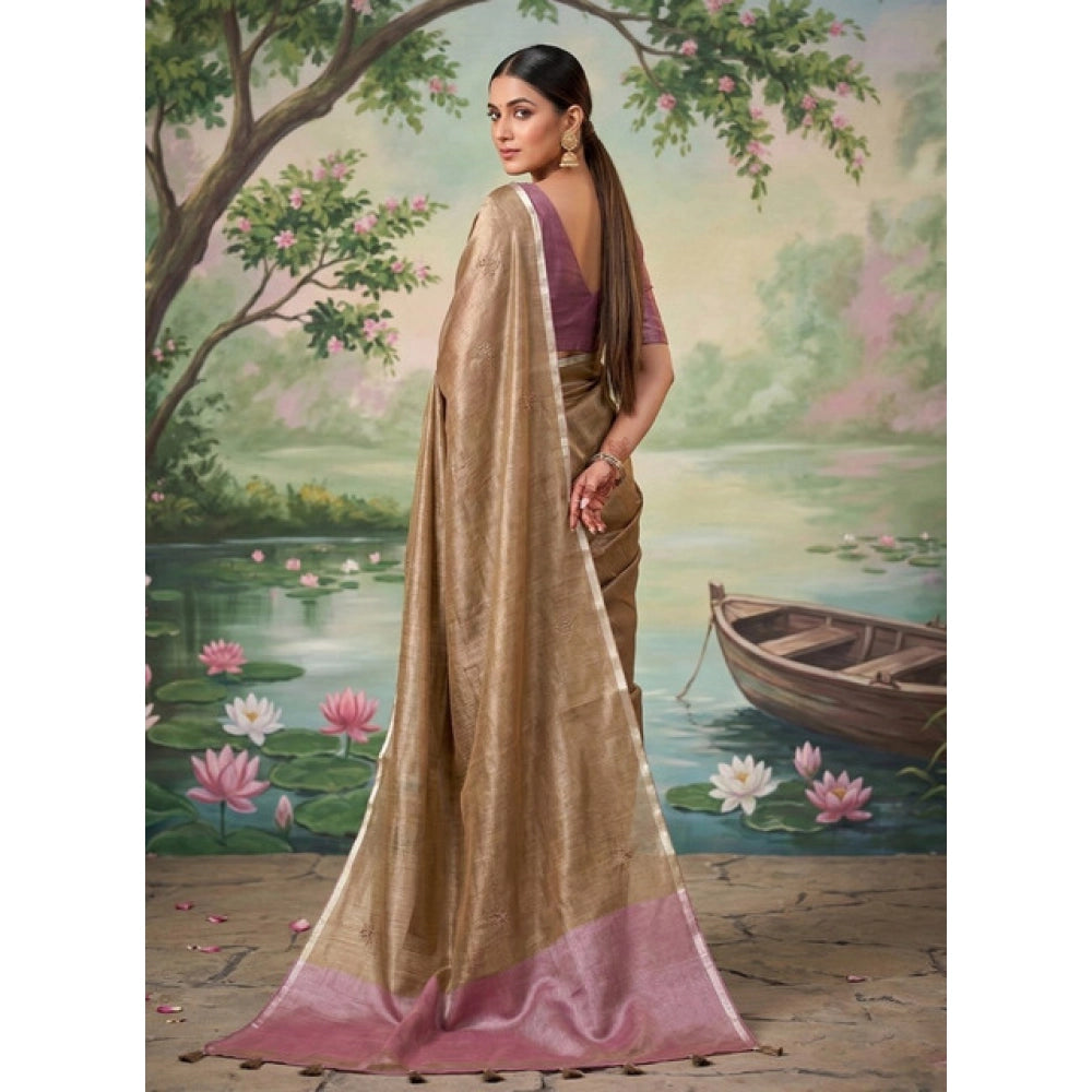 Women's Brown Tissue Silk Solid Saree with Unstitched Blouse – 5.5 Mtr