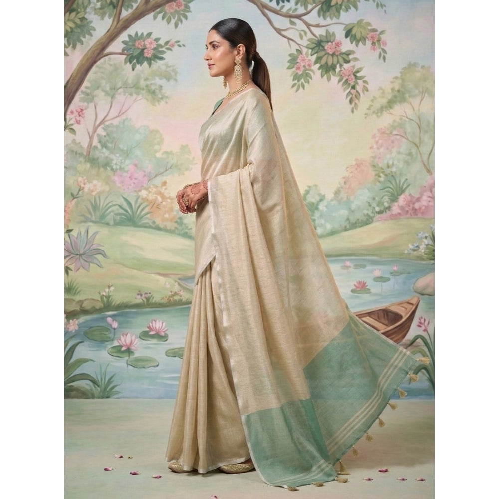 Women's Beige Tissue Silk Solid Saree with Unstitched Blouse – 5.5 Mtr
