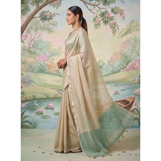 Women's Beige Tissue Silk Solid Saree with Unstitched Blouse – 5.5 Mtr