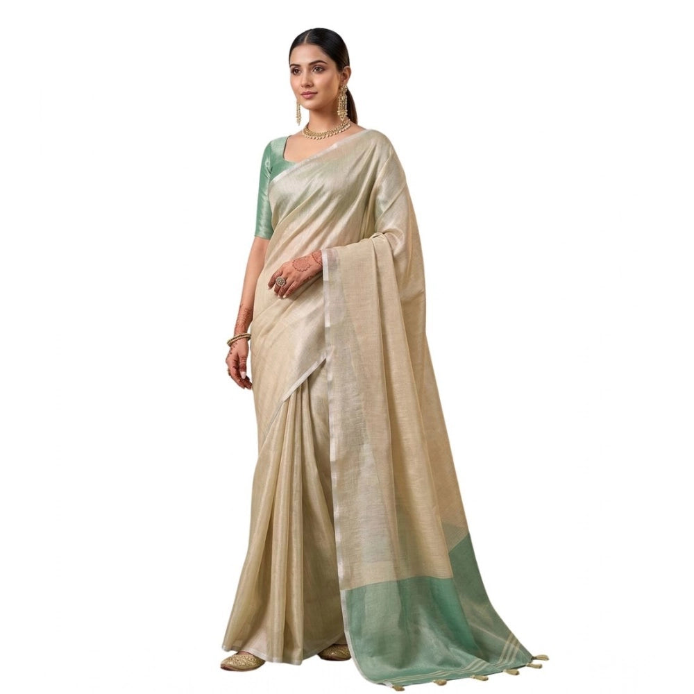Women's Beige Tissue Silk Solid Saree with Unstitched Blouse – 5.5 Mtr