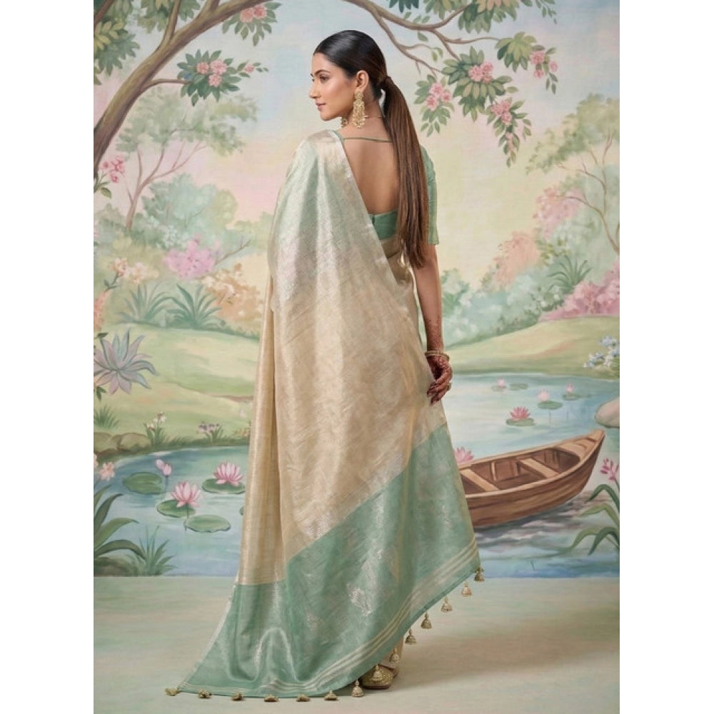 Women's Beige Tissue Silk Solid Saree with Unstitched Blouse – 5.5 Mtr