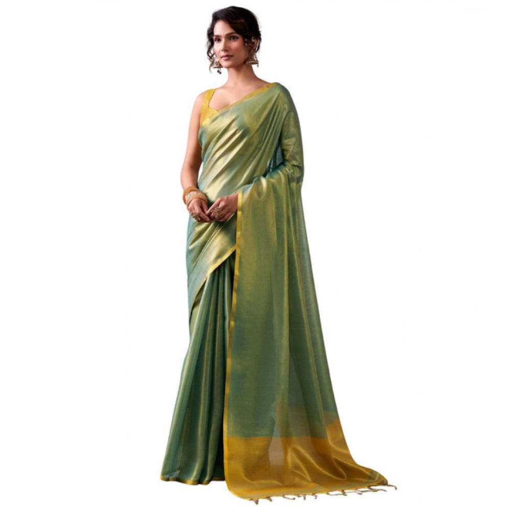 Women's Light Green Tissue Silk Solid Saree with Unstitched Blouse – 5.5 Mtr