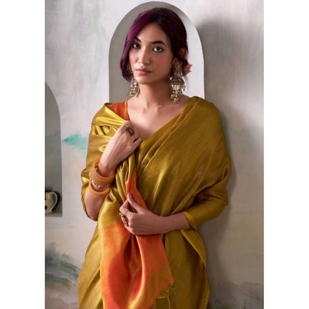 Women's Mustard Tissue Silk Solid Saree with Unstitched Blouse – 5.5 Mtr
