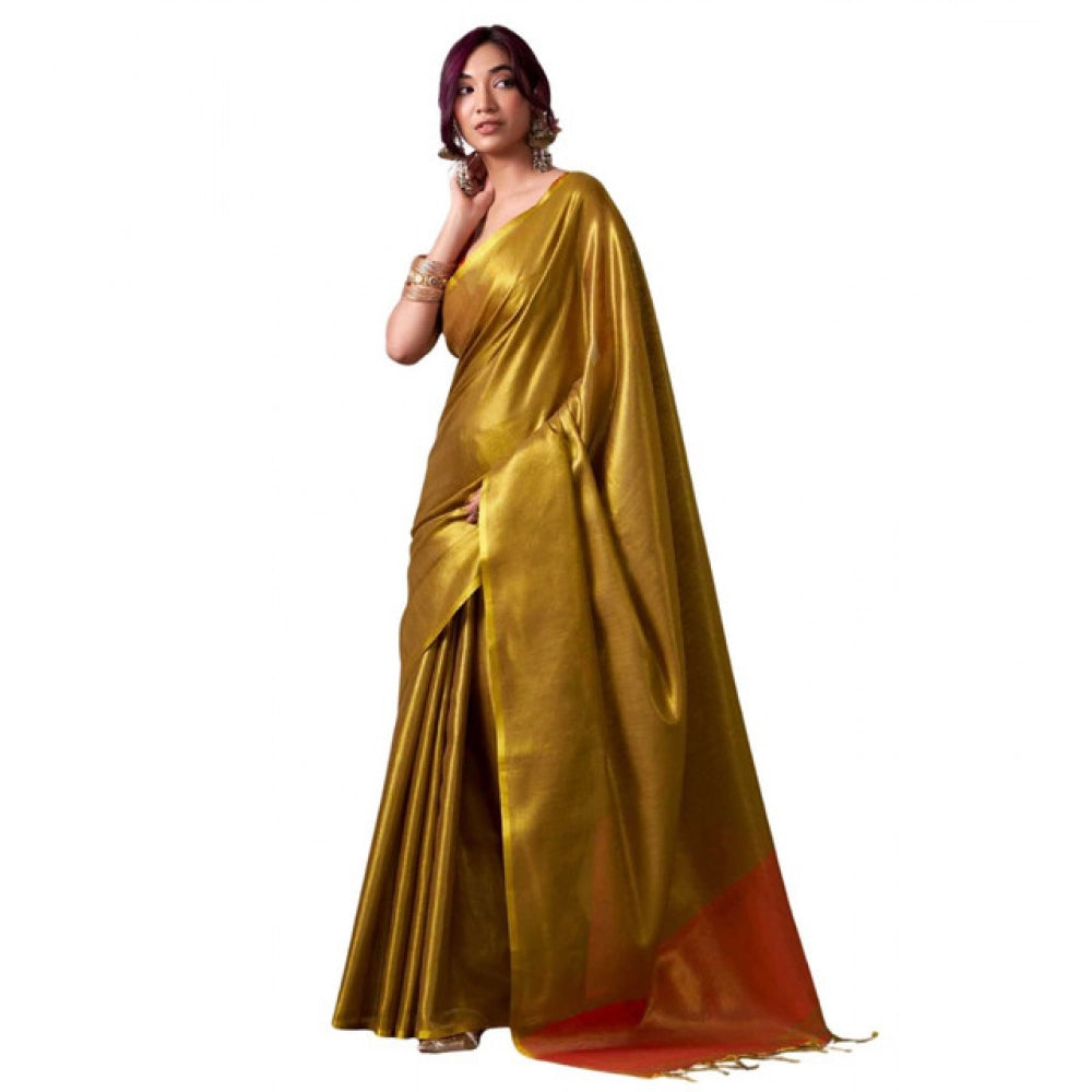 Women's Mustard Tissue Silk Solid Saree with Unstitched Blouse – 5.5 Mtr