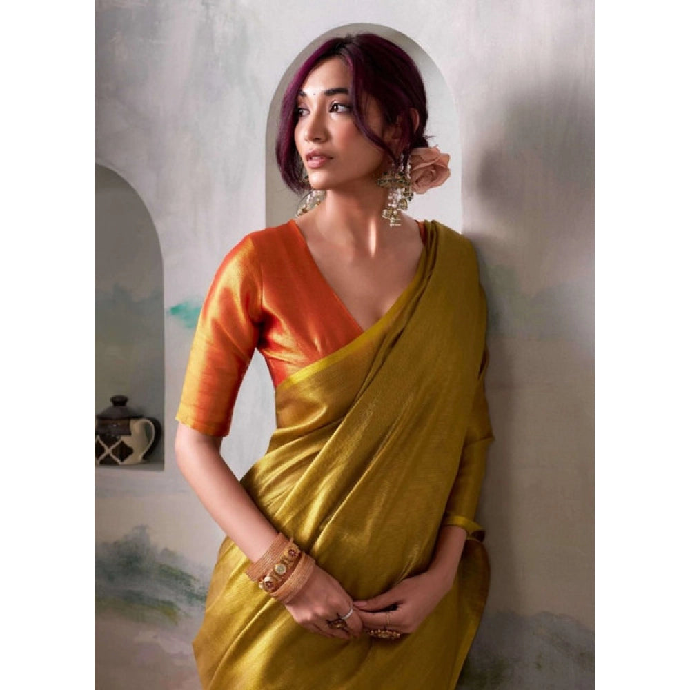 Women's Mustard Tissue Silk Solid Saree with Unstitched Blouse – 5.5 Mtr