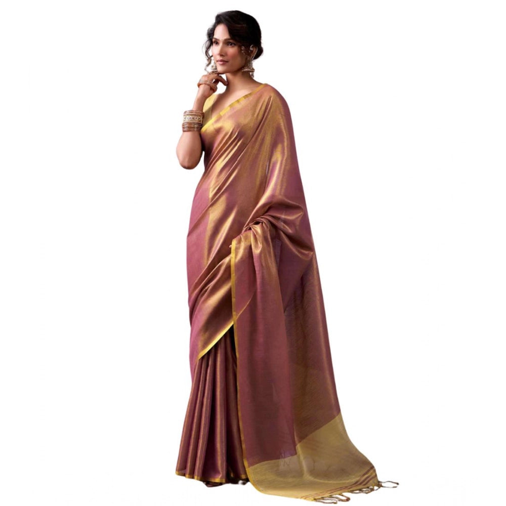 Women's Purple Tissue Silk Solid Saree with Unstitched Blouse – 5.5 Mtr