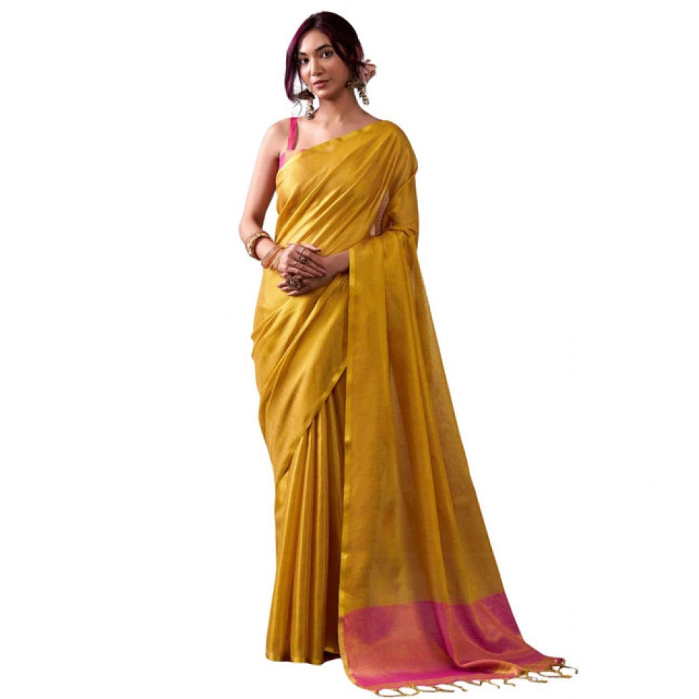 Women's Yellow Tissue Silk Solid Saree with Unstitched Blouse – 5.5 Mtr