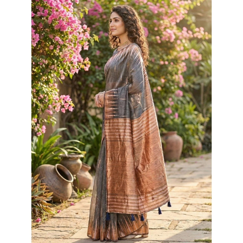Women's Grey Linen Cotton Printed Saree with Unstitched Blouse – 5.5 Mtr