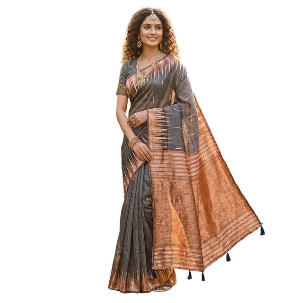 Women's Grey Linen Cotton Printed Saree with Unstitched Blouse – 5.5 Mtr