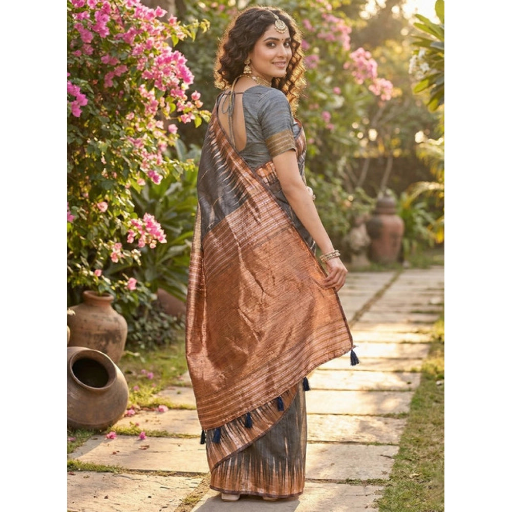 Women's Grey Linen Cotton Printed Saree with Unstitched Blouse – 5.5 Mtr