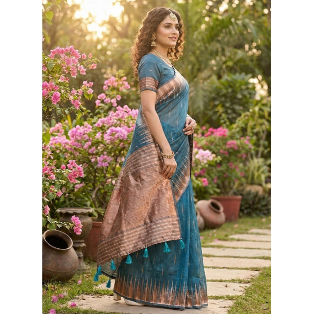 Women's Blue Linen Cotton Printed Saree with Unstitched Blouse – 5.5 Mtr
