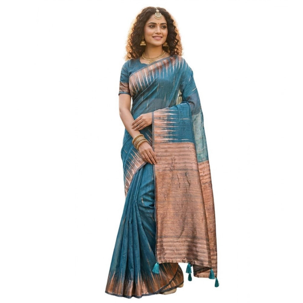 Women's Blue Linen Cotton Printed Saree with Unstitched Blouse – 5.5 Mtr