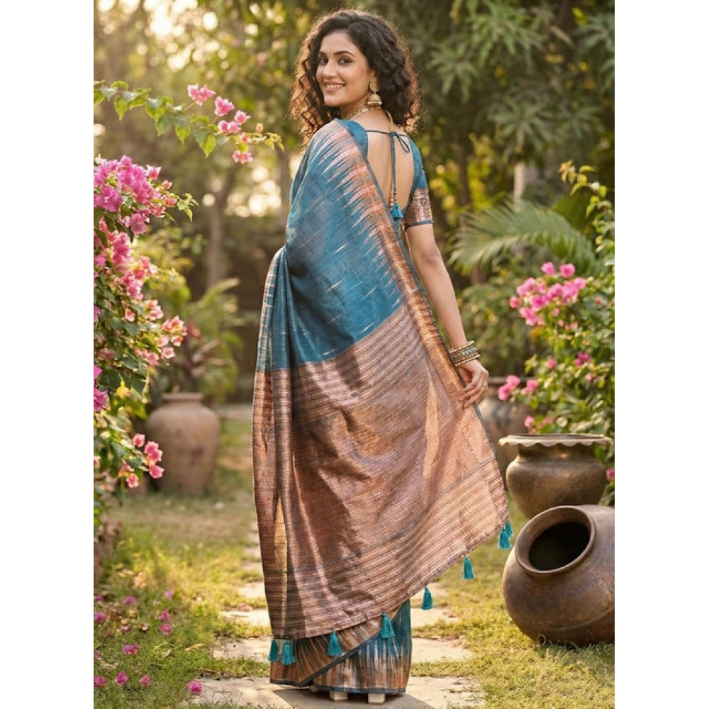 Women's Blue Linen Cotton Printed Saree with Unstitched Blouse – 5.5 Mtr