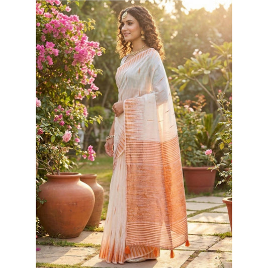 Women's White Linen Cotton Printed Saree with Unstitched Blouse – 5.5 Mtr