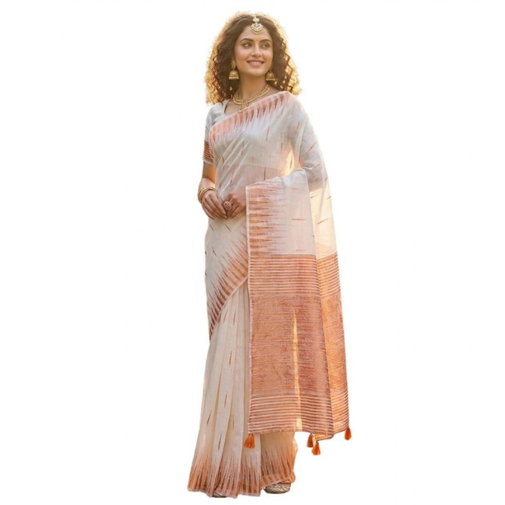Women's White Linen Cotton Printed Saree with Unstitched Blouse – 5.5 Mtr