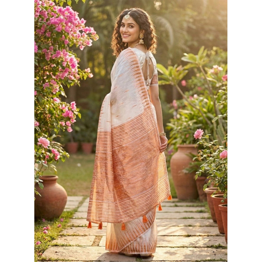 Women's White Linen Cotton Printed Saree with Unstitched Blouse – 5.5 Mtr