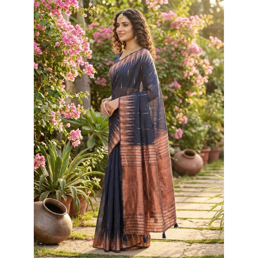 Women's Navy Blue Linen Cotton Printed Saree with Unstitched Blouse – 5.5 Mtr