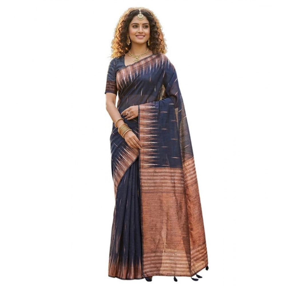 Women's Navy Blue Linen Cotton Printed Saree with Unstitched Blouse – 5.5 Mtr