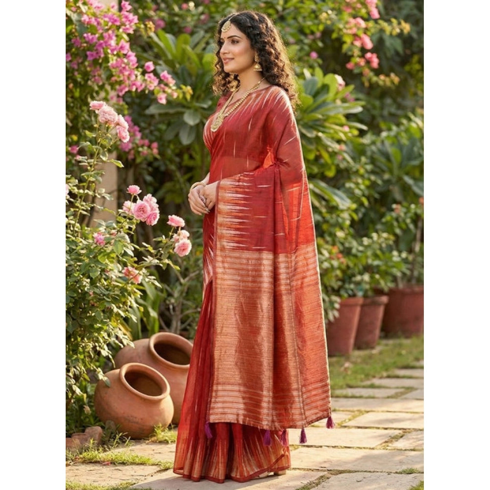 Women's Red Linen Cotton Printed Saree with Unstitched Blouse – 5.5 Mtr