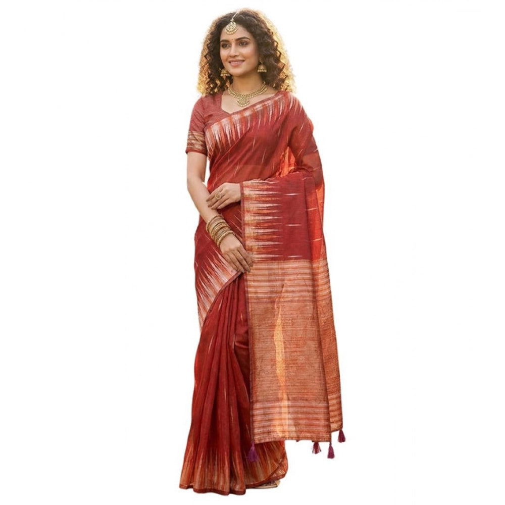 Women's Red Linen Cotton Printed Saree with Unstitched Blouse – 5.5 Mtr