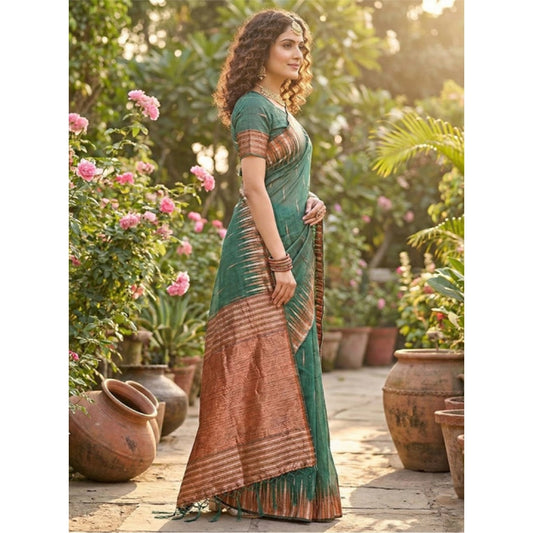 Women's Green Linen Cotton Printed Saree with Unstitched Blouse – 5.5 Mtr