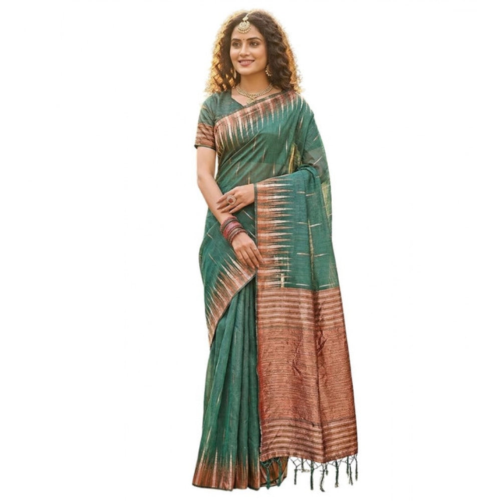 Women's Green Linen Cotton Printed Saree with Unstitched Blouse – 5.5 Mtr