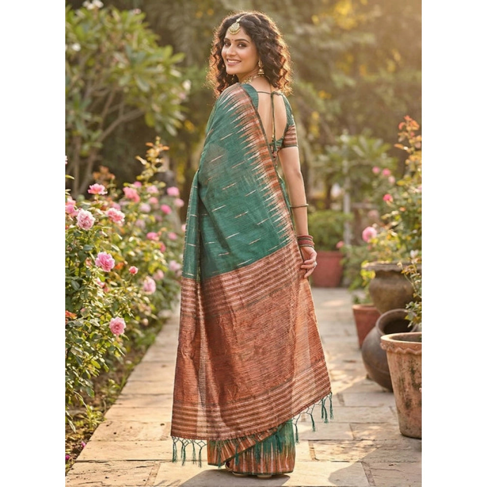 Women's Green Linen Cotton Printed Saree with Unstitched Blouse – 5.5 Mtr