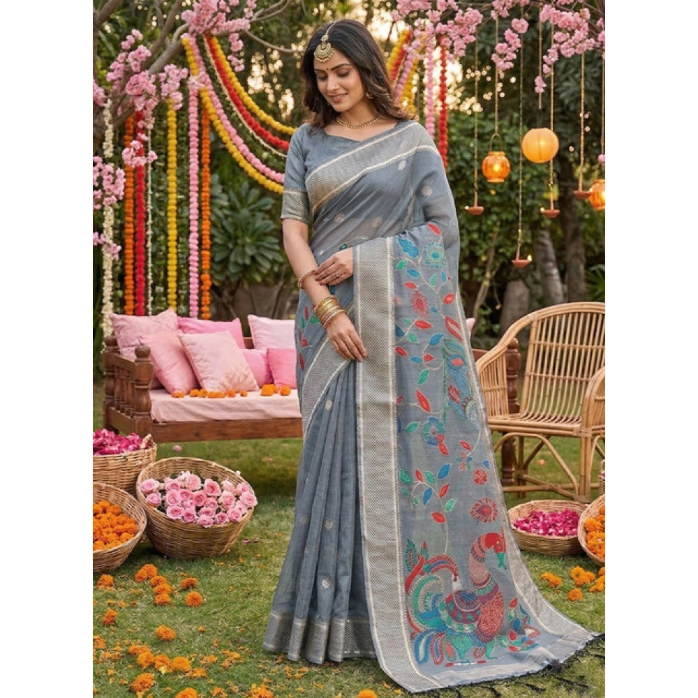 Women's Gray Linen Cotton Floral Embroidered Saree with Unstitched Blouse – 5.5 Mtr