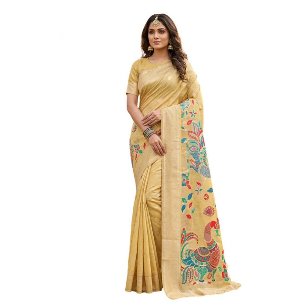 Women's Yellow Linen Cotton Floral Embroidered Saree with Unstitched Blouse – 5.5 Mtr