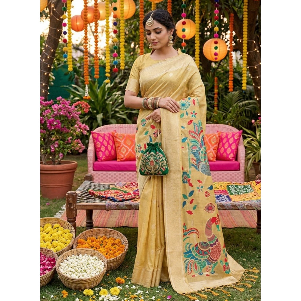 Women's Yellow Linen Cotton Floral Embroidered Saree with Unstitched Blouse – 5.5 Mtr