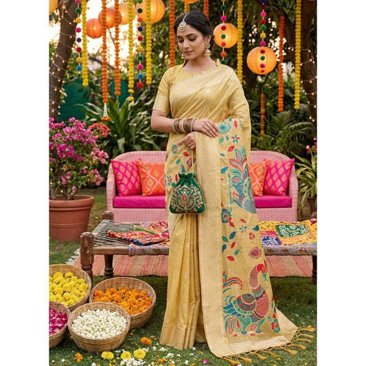 Women's Yellow Linen Cotton Floral Embroidered Saree with Unstitched Blouse – 5.5 Mtr