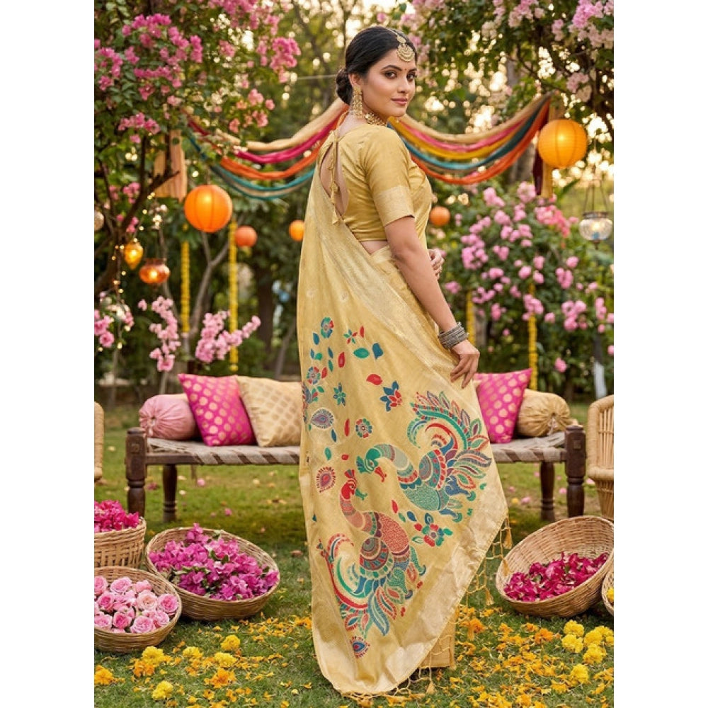 Women's Yellow Linen Cotton Floral Embroidered Saree with Unstitched Blouse – 5.5 Mtr