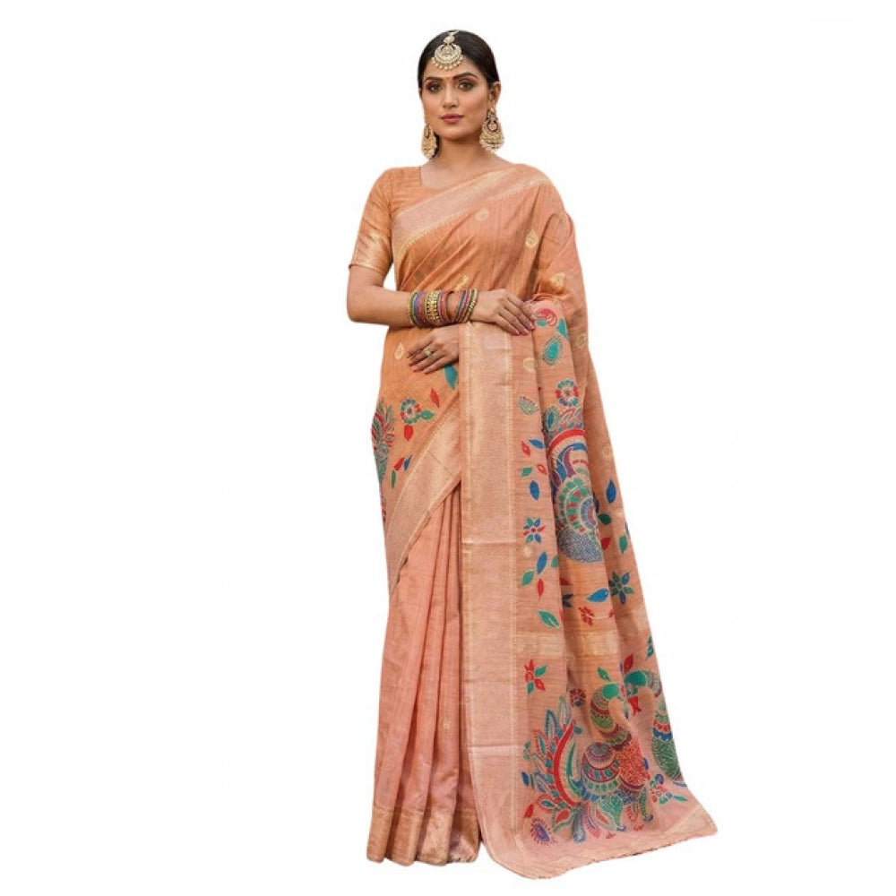 Women's Peach Linen Cotton Floral Embroidered Saree with Unstitched Blouse – 5.5 Mtr