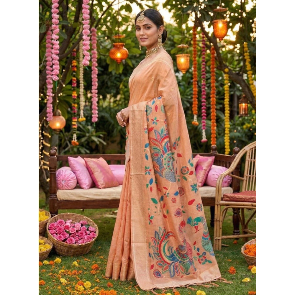 Women's Peach Linen Cotton Floral Embroidered Saree with Unstitched Blouse – 5.5 Mtr