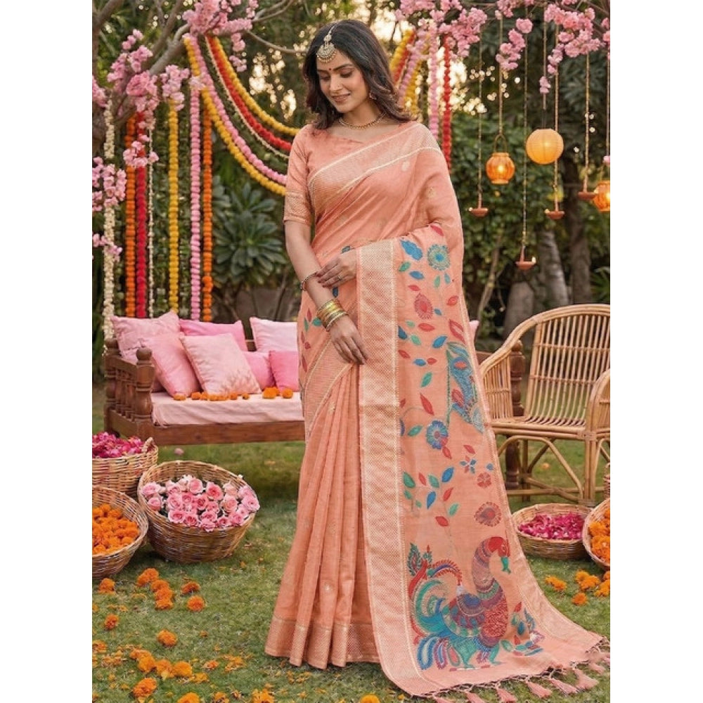Women's Peach Linen Cotton Floral Embroidered Saree with Unstitched Blouse – 5.5 Mtr