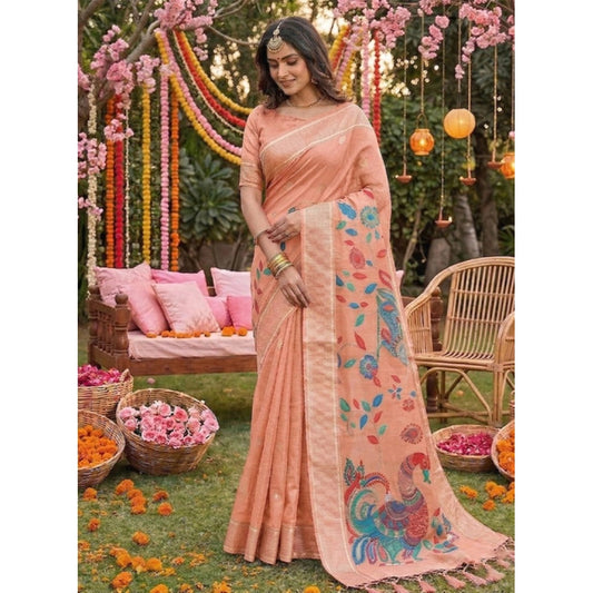 Women's Peach Linen Cotton Floral Embroidered Saree with Unstitched Blouse – 5.5 Mtr