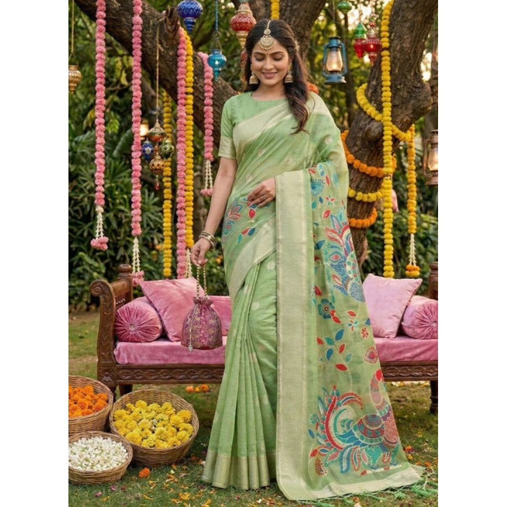Women's Light Green Linen Cotton Floral Embroidered Saree with Unstitched Blouse – 5.5 Mtr