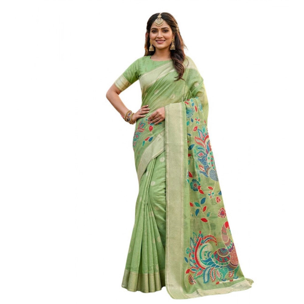 Women's Light Green Linen Cotton Floral Embroidered Saree with Unstitched Blouse – 5.5 Mtr