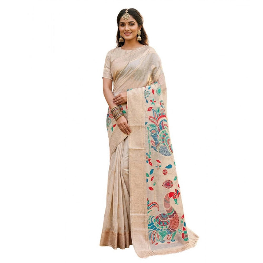 Women's Cream Linen Cotton Floral Embroidered Saree with Unstitched Blouse – 5.5 Mtr