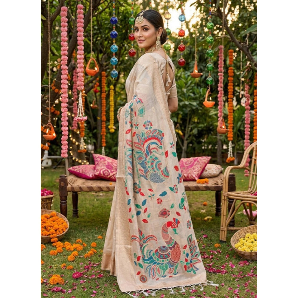 Women's Cream Linen Cotton Floral Embroidered Saree with Unstitched Blouse – 5.5 Mtr