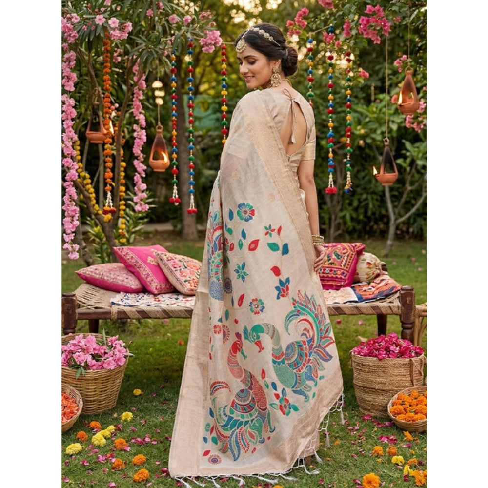 Women's Cream Linen Cotton Floral Embroidered Saree with Unstitched Blouse – 5.5 Mtr
