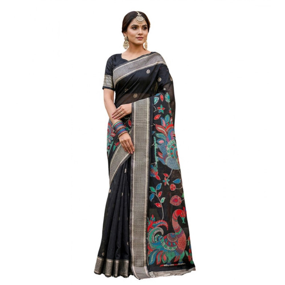 Women's Black Linen Cotton Floral Embroidered Saree with Unstitched Blouse – 5.5 Mtr