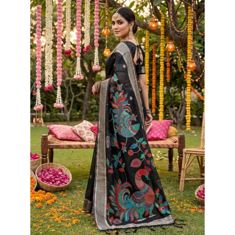 Women's Black Linen Cotton Floral Embroidered Saree with Unstitched Blouse – 5.5 Mtr