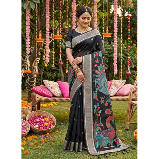 Women's Black Linen Cotton Floral Embroidered Saree with Unstitched Blouse – 5.5 Mtr
