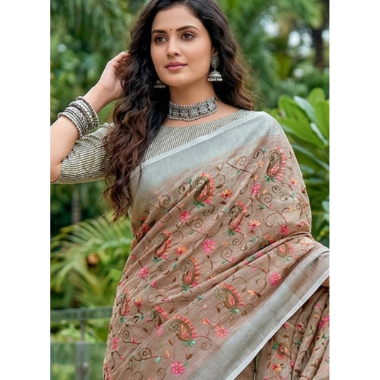 Women's Brown Linen Floral Embroidered Saree with Unstitched Blouse – 5.5 Mtr
