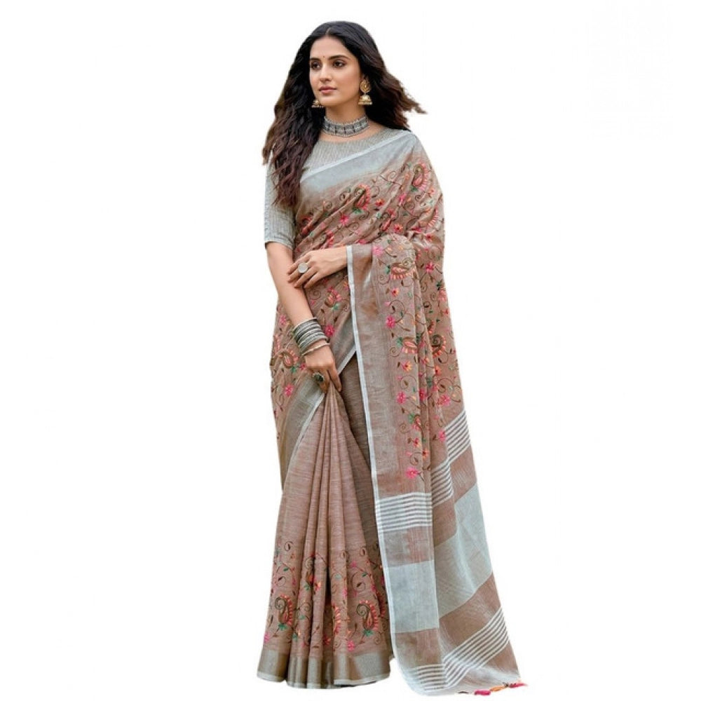 Women's Brown Linen Floral Embroidered Saree with Unstitched Blouse – 5.5 Mtr