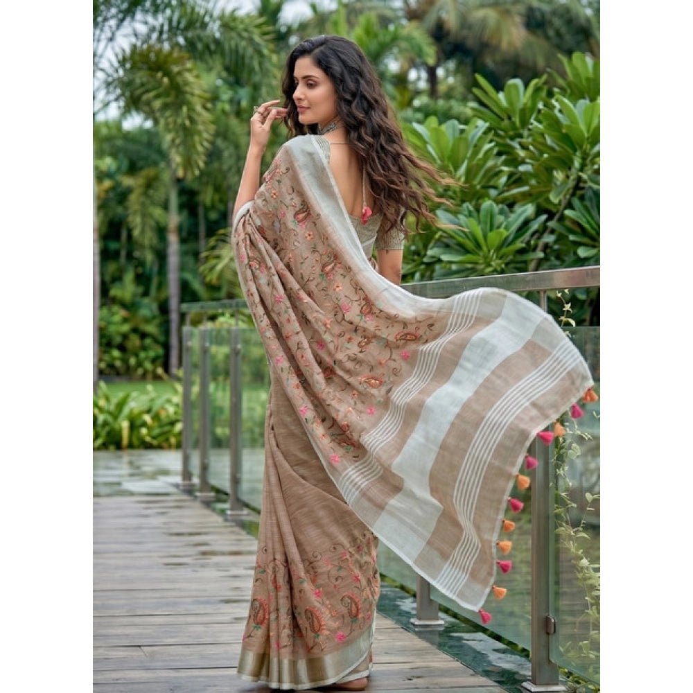 Women's Brown Linen Floral Embroidered Saree with Unstitched Blouse – 5.5 Mtr